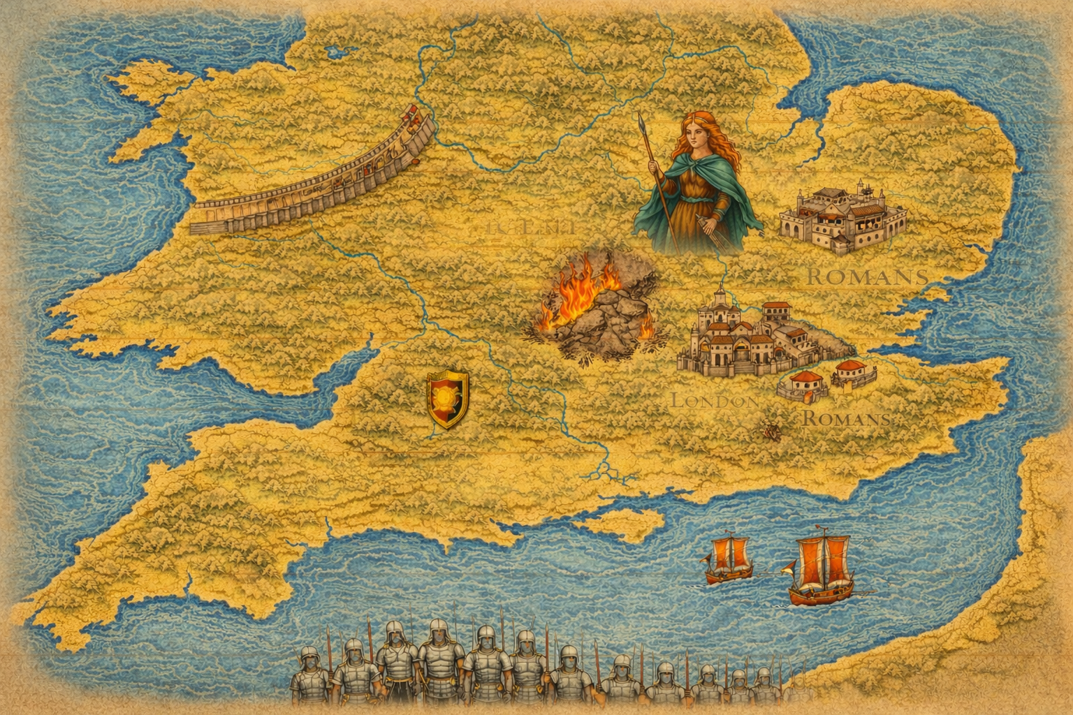 Map showing Britain and key places in Boudica's rebellion